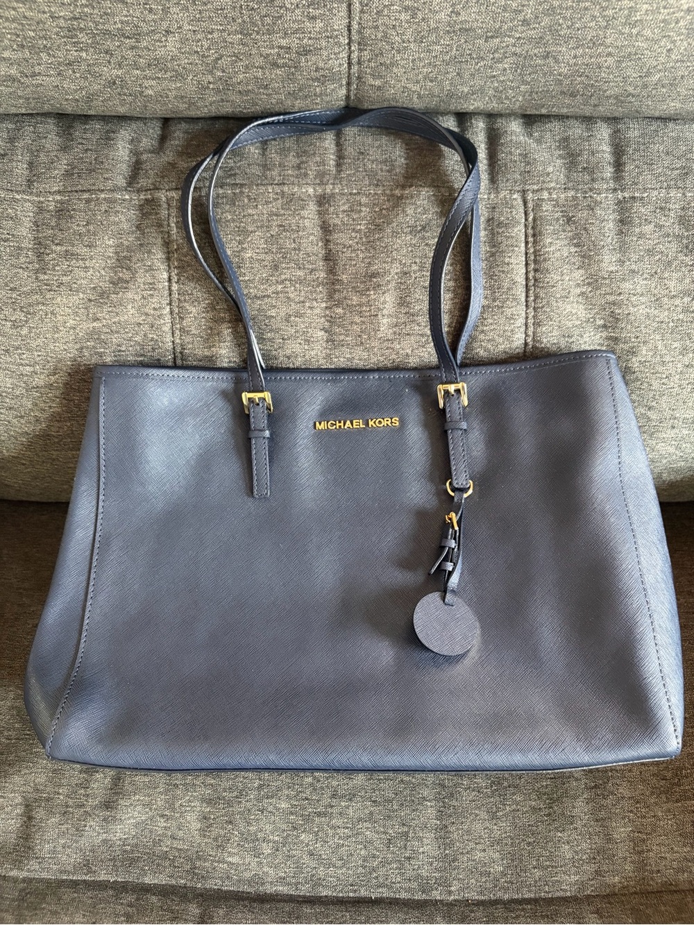 Michael Kors Navy Leather Double-Handle Tote with Gold Hardware